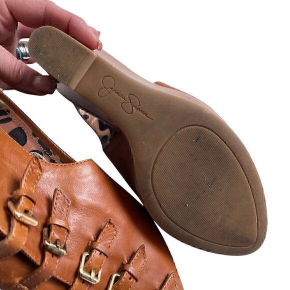 Jessica Simpson Brown Leather Buckle Wedge Platform Sandals Size 7.5 - Picture 9 of 10